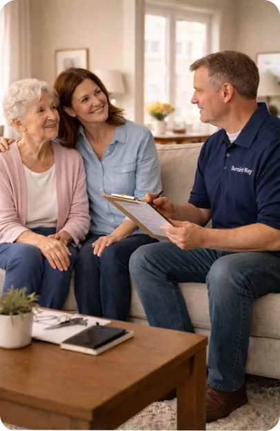 A Burnie's Way specialist with a clipboard talking with an older woman and her daughter on the couch in their living room