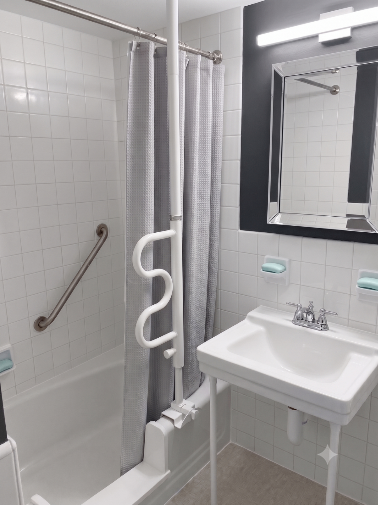 Tub cut-out with grab bar and floor-to-ceiling standing pole in a bathroom