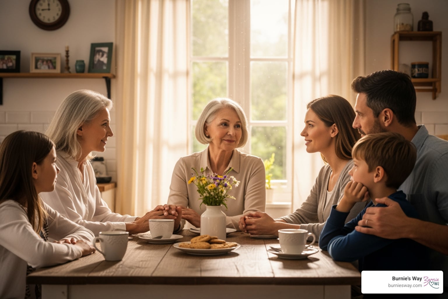 a family having a calm discussion around a kitchen table - can an elderly person refuse care