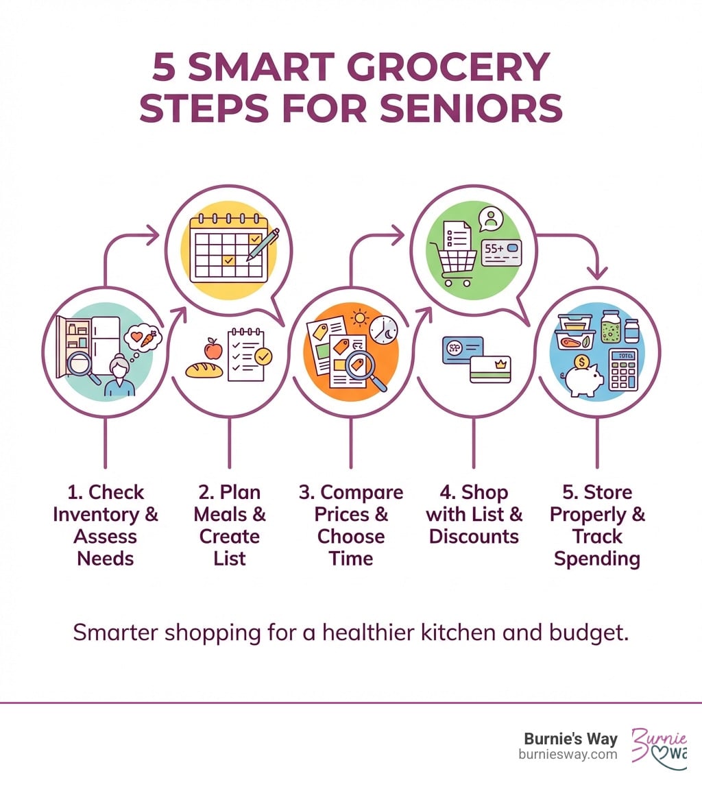 infographic showing 5 steps: 1. Check kitchen inventory and assess dietary needs, 2. Plan weekly meals and create organized shopping list, 3. Compare prices using circulars and choose shopping time, 4. Shop with list using senior discounts and loyalty programs, 5. Store food properly and track spending for next week - grocery shopping for elders infographic 