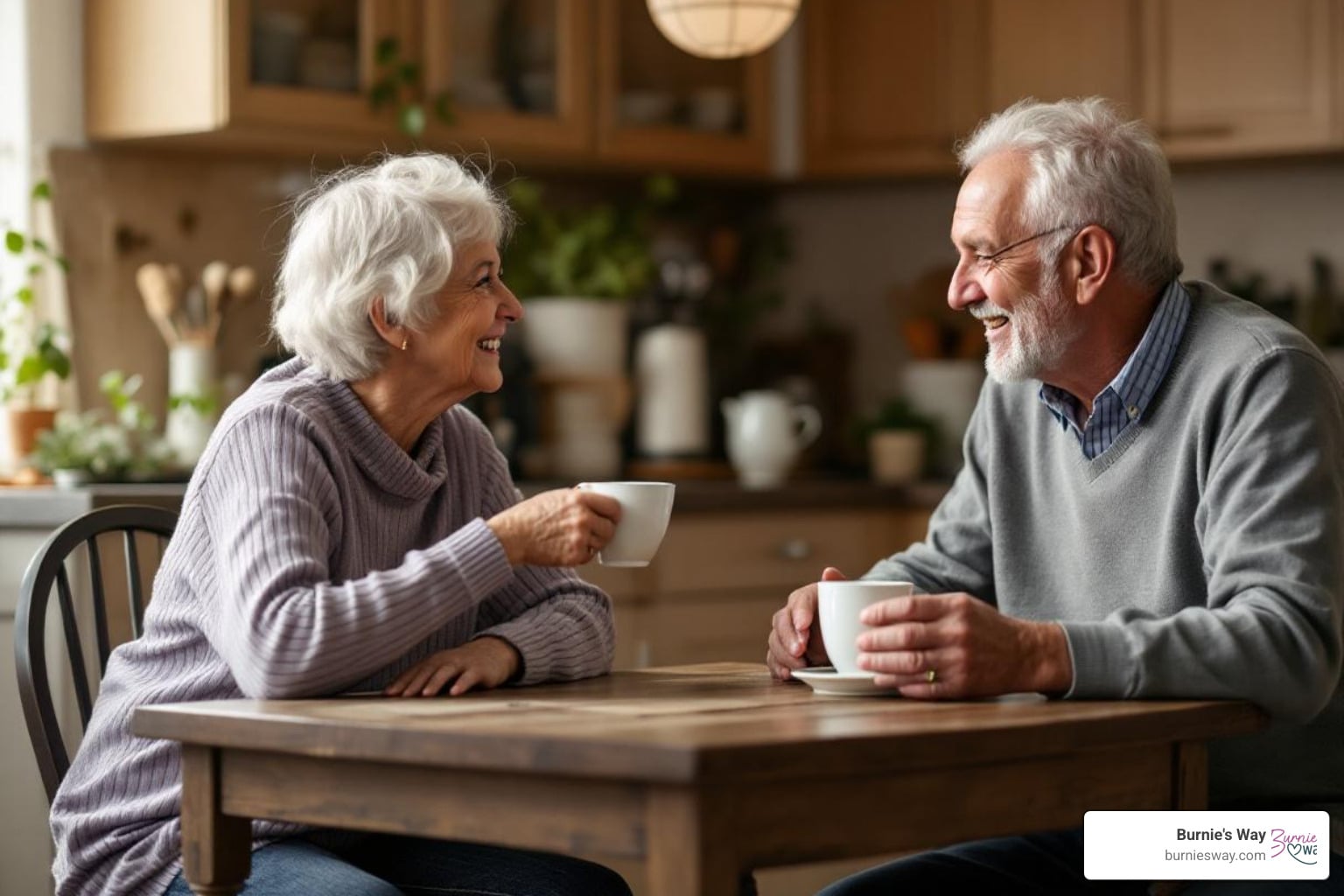 A friendly companion sharing a cup of tea and conversation with an older adult at a kitchen table - what are the home care services for the elderly person