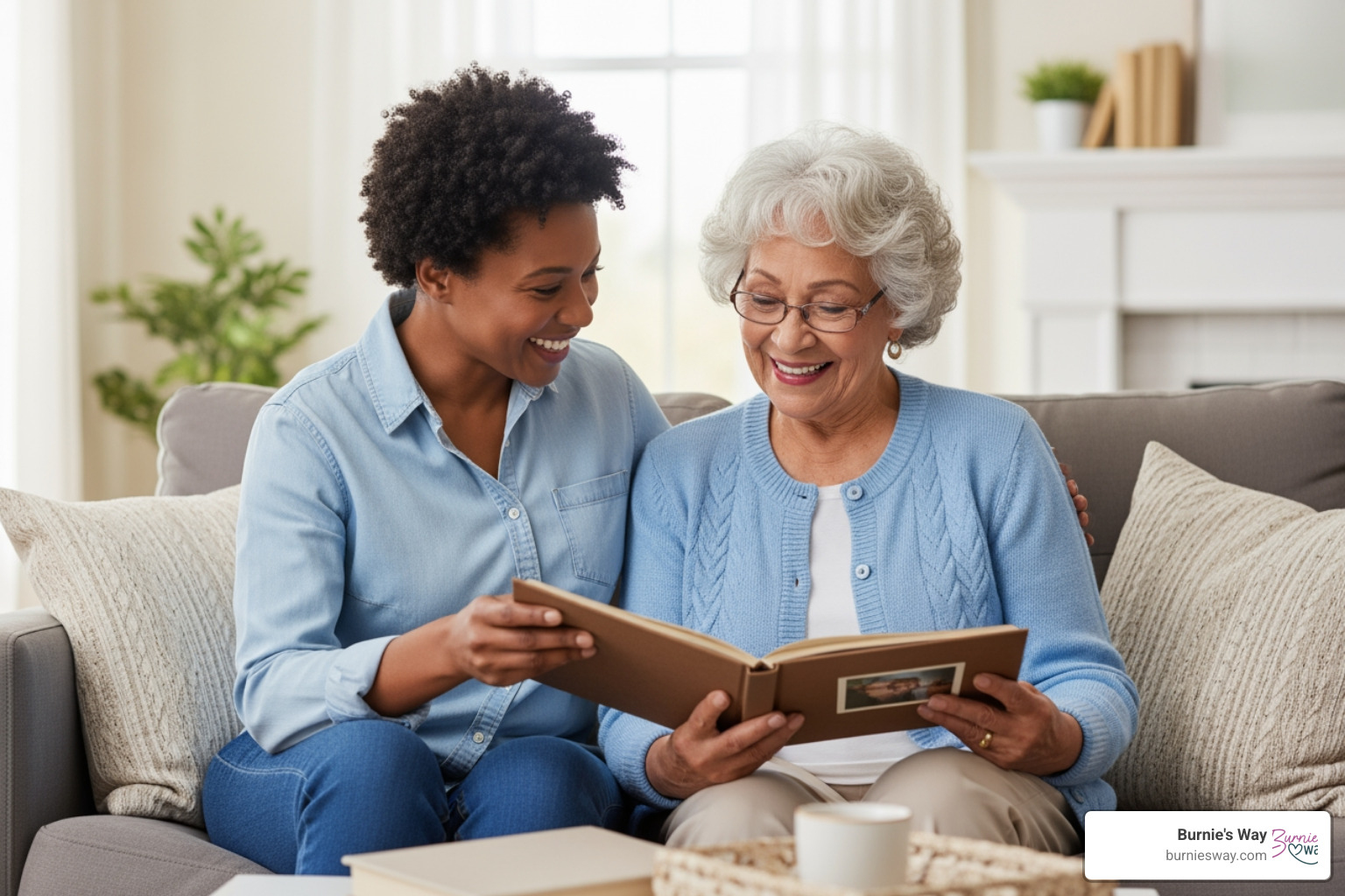 A companion and a senior looking at a photo album together, smiling and sharing a moment of connection. - non medical home care A companion and a senior looking at a photo album together, smiling and sharing a moment of connection. - non medical home care