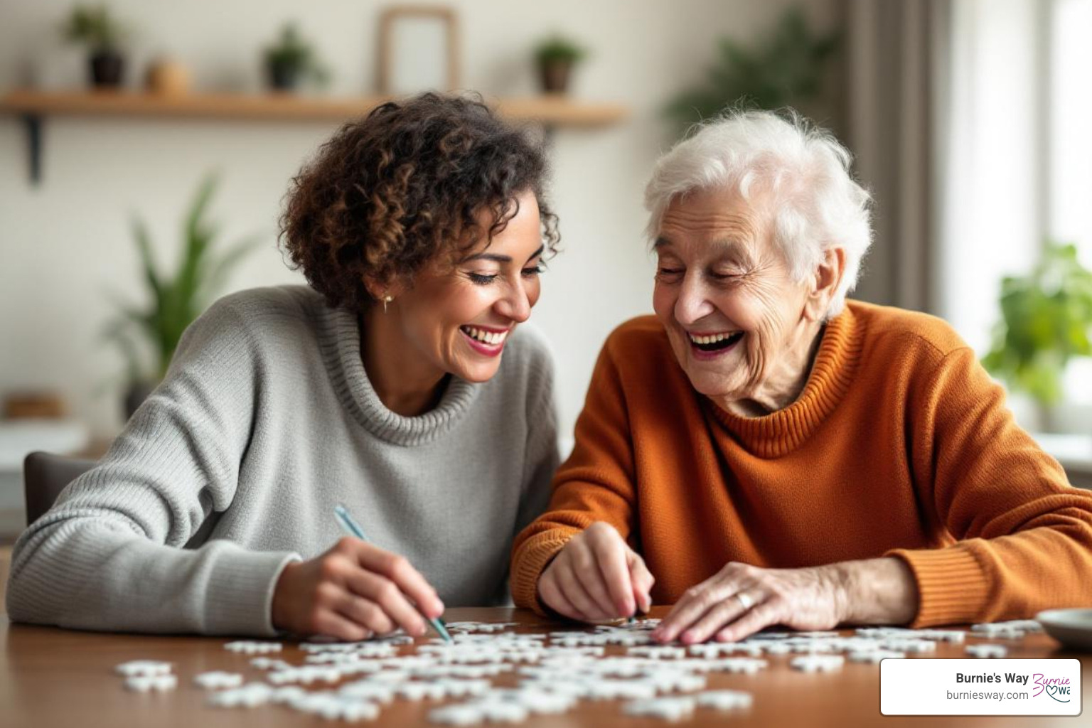 support companion and client sharing a laugh over a puzzle - caregiver matching service