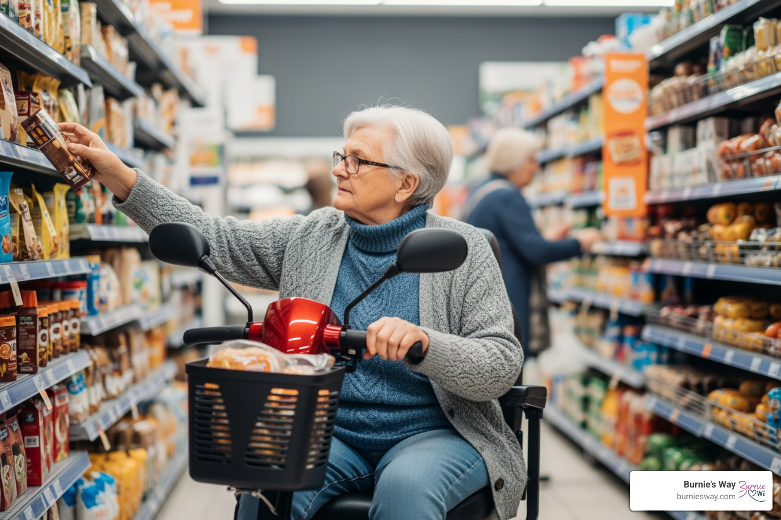 senior using a grocery store mobility scooter - grocery shopping for elders